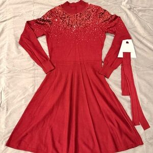 Cato Burgundy Sequin-Embellished Long Sleeve Fit & Flare Dress Size S